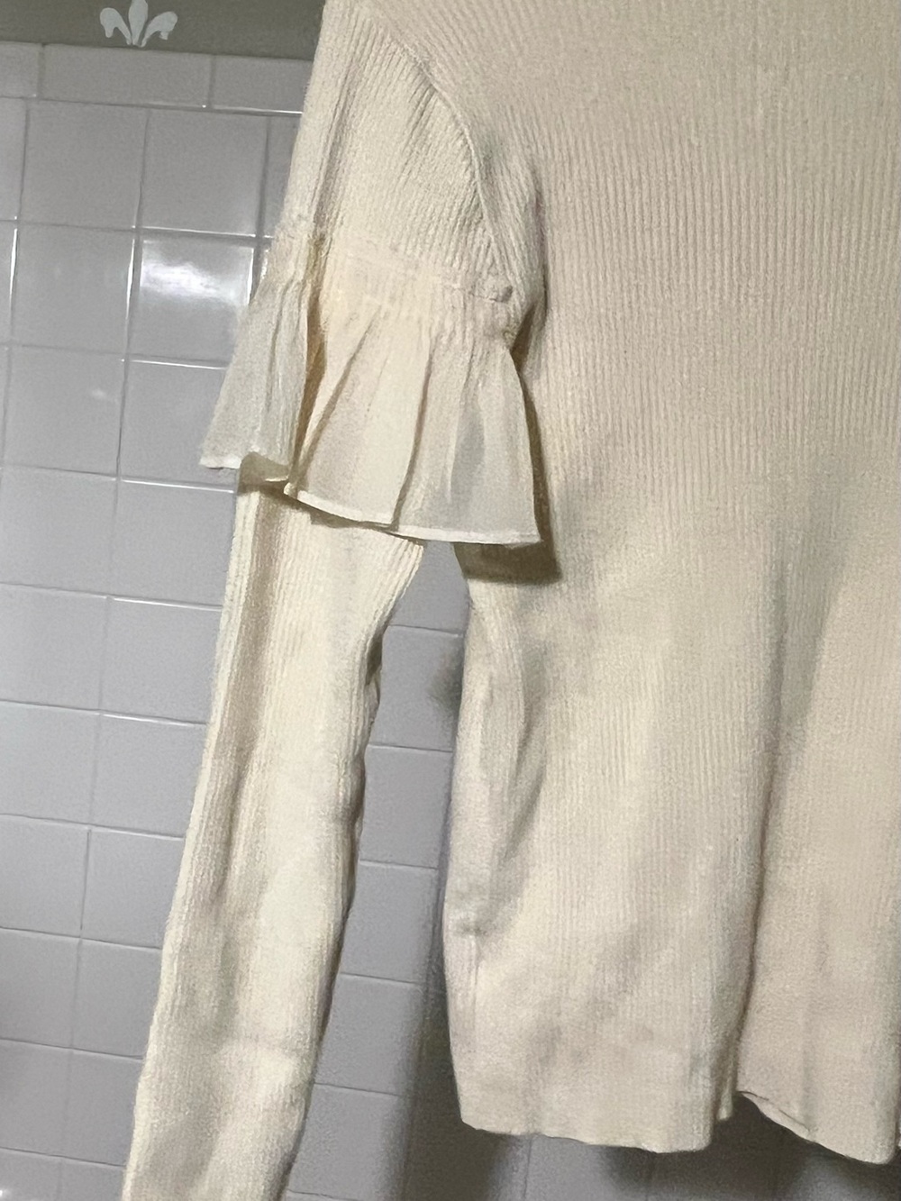 Cream Ruffle Accent Ribbed Sweater - Women's - Picture 3 of 11